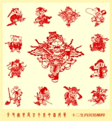 辰龙传统民俗十二生肖剪纸矢量素材