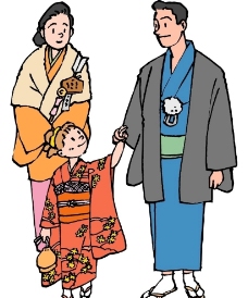快乐小女孩快乐家庭日本和服三口之家男人女人小孩图片